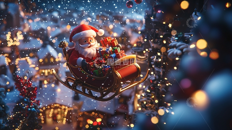 高清大图下载【趣麦麦图】圣诞老人雪橇飞翔
