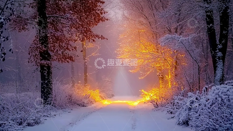 高清大图下载【趣麦麦图】雪地森林温暖光芒