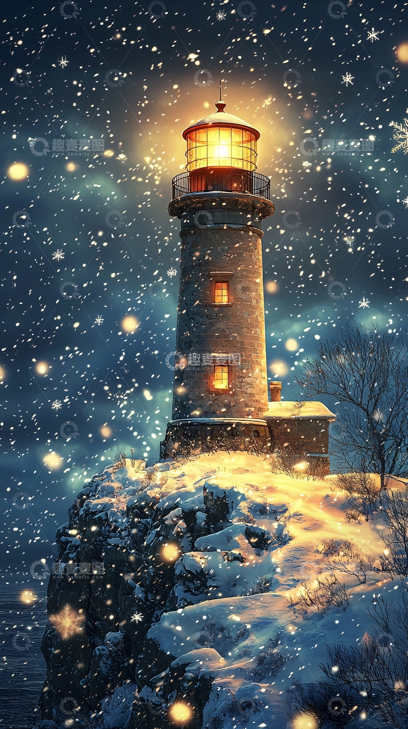 高清大图下载【趣麦麦图】雪夜灯塔闪耀光芒