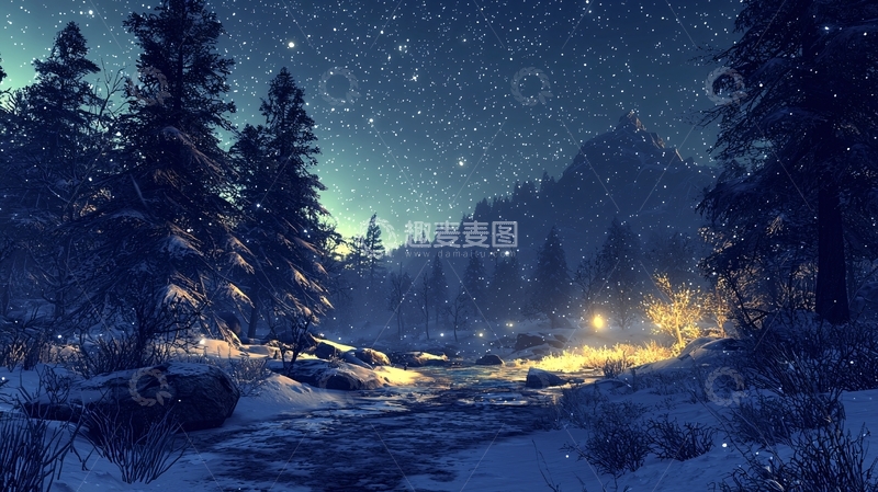 高清大图下载【趣麦麦图】星空下的雪山森林