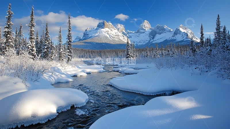 高清大图下载【趣麦麦图】雪山河流森林冬日美景