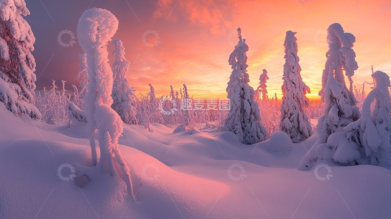 高清大图下载【趣麦麦图】雪覆盖的树木在粉色天空下