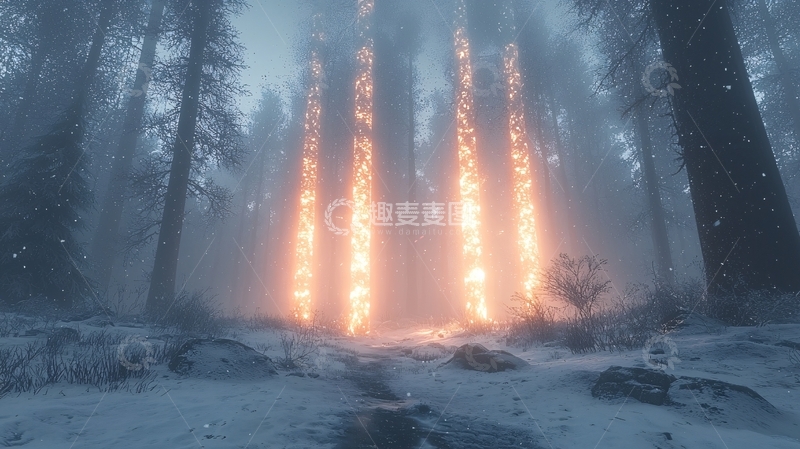 高清大图下载【趣麦麦图】雾气中光柱穿过雪地森林