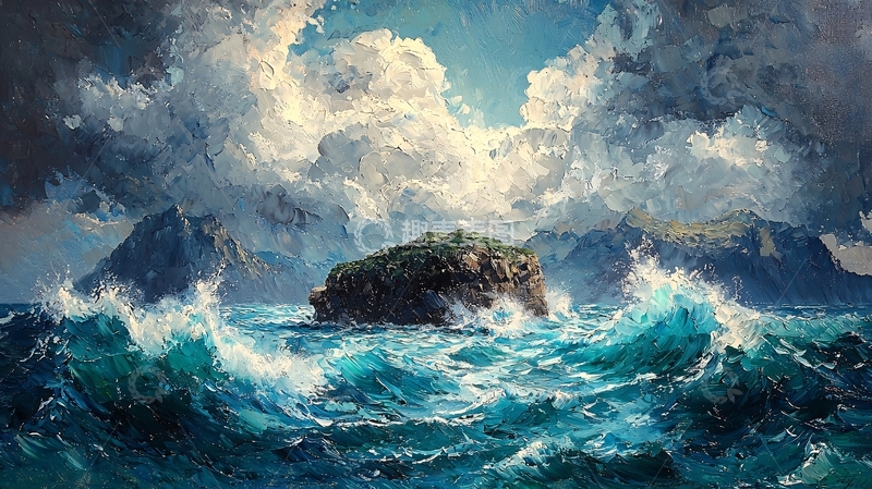 高清大图下载【趣麦麦图】波涛汹涌的海面小岛