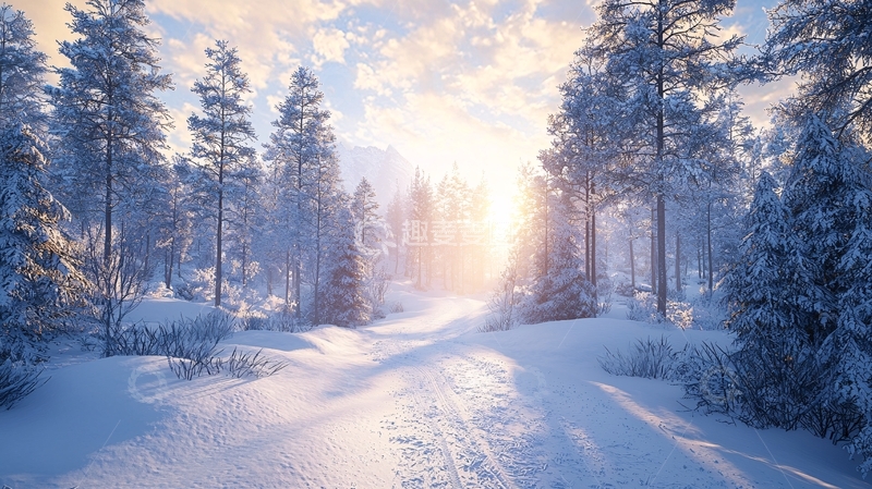 高清大图下载【趣麦麦图】冬日阳光照耀的雪景森林