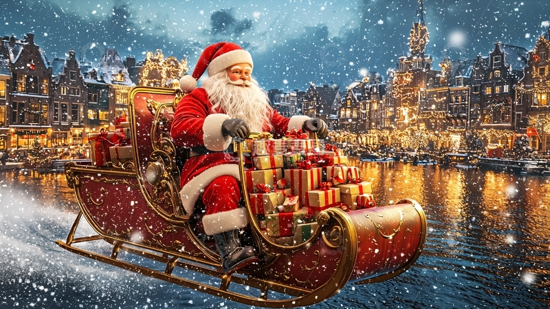 高清大图下载【趣麦麦图】圣诞老人雪橇送礼物
