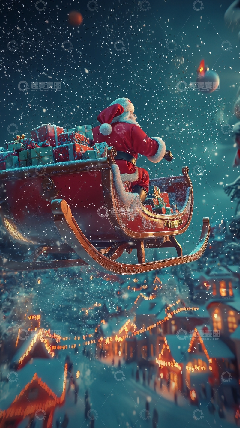 高清大图下载【趣麦麦图】圣诞老人驾雪橇飞越雪夜小镇