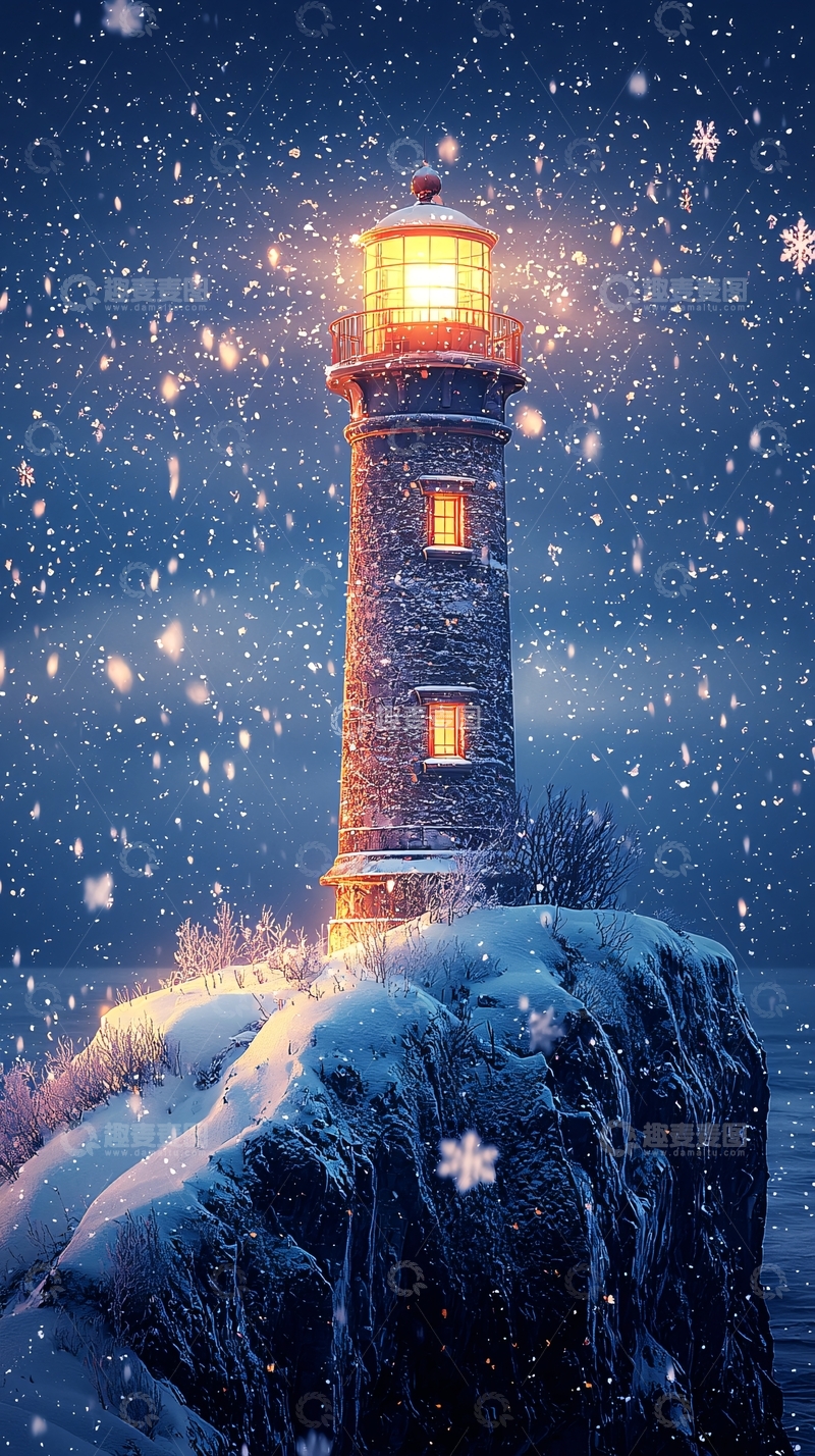 高清大图下载【趣麦麦图】冬日雪夜的灯塔意境
