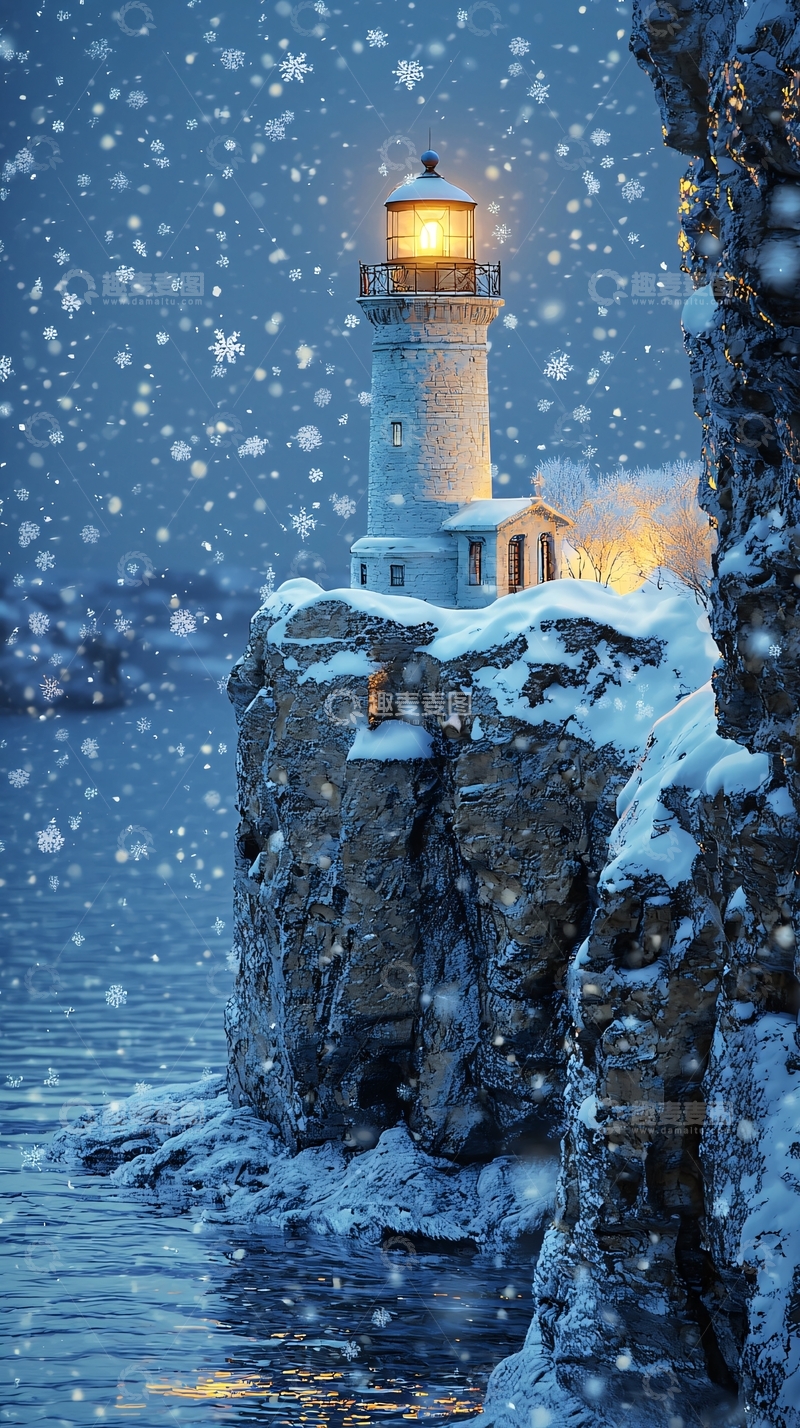 高清大图下载【趣麦麦图】冬季雪夜灯塔矗立悬崖上