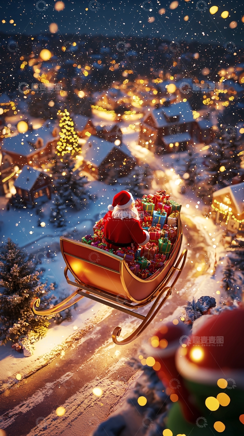 高清大图下载【趣麦麦图】圣诞老人飞过雪夜村庄
