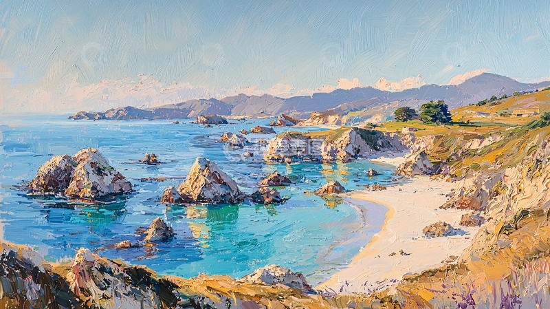 高清大图下载【趣麦麦图】海滩岩石海岸线油画