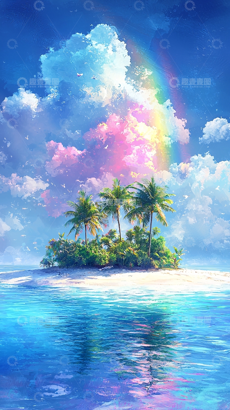高清大图下载【趣麦麦图】热带岛屿彩虹云朵