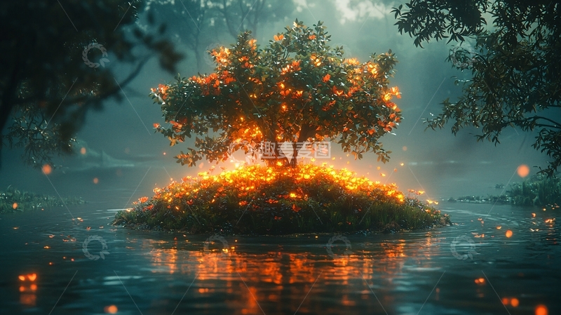 高清大图下载【趣麦麦图】湖中小岛上的发光树