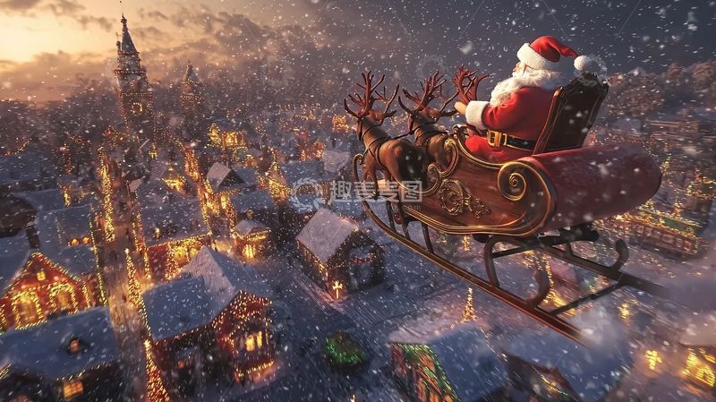 高清大图下载【趣麦麦图】圣诞老人雪橇飞跃小镇