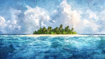 热带岛屿水彩画