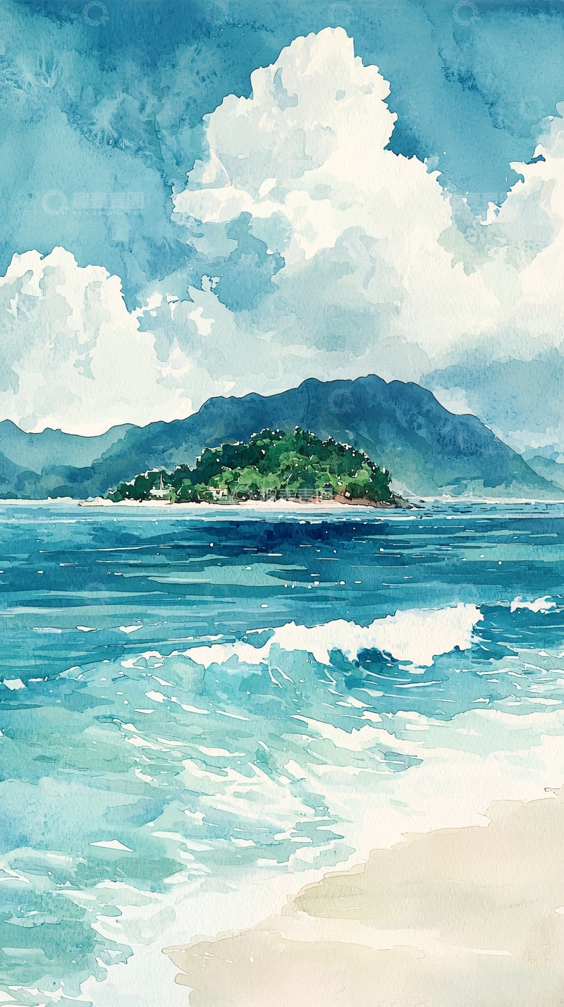 高清大图下载【趣麦麦图】水彩海景岛屿