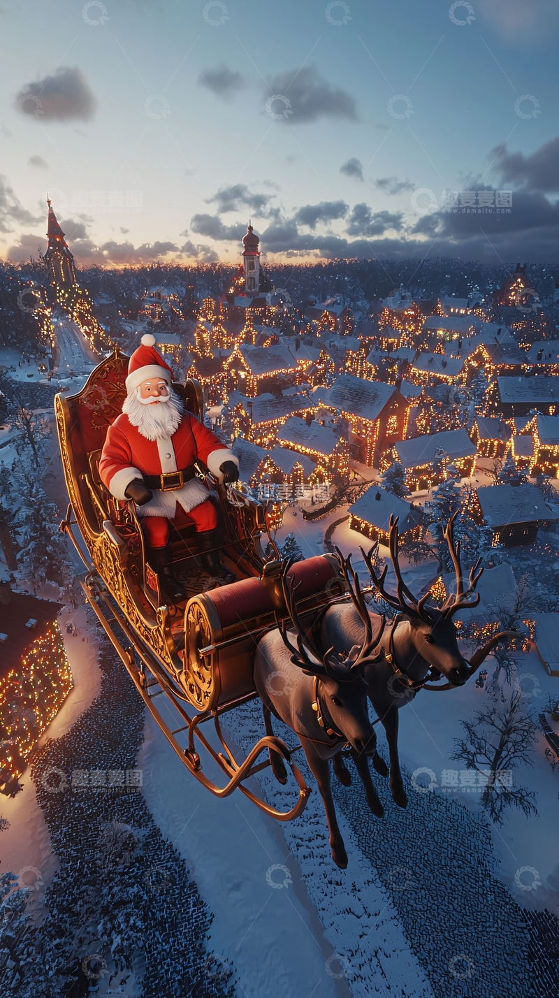 高清大图下载【趣麦麦图】圣诞老人驾雪橇飞越雪景小镇