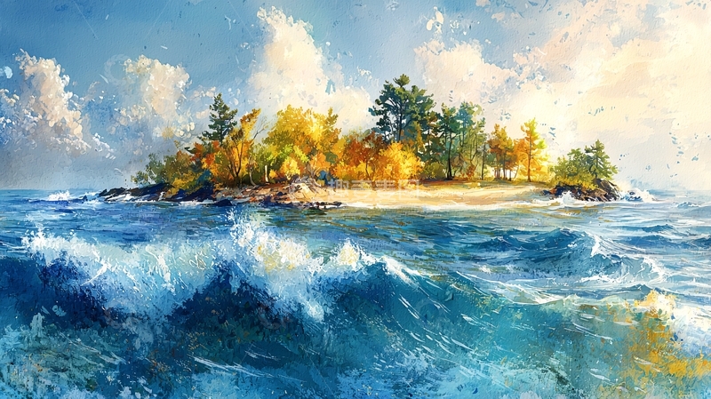 高清大图下载【趣麦麦图】海中岛屿油画风景