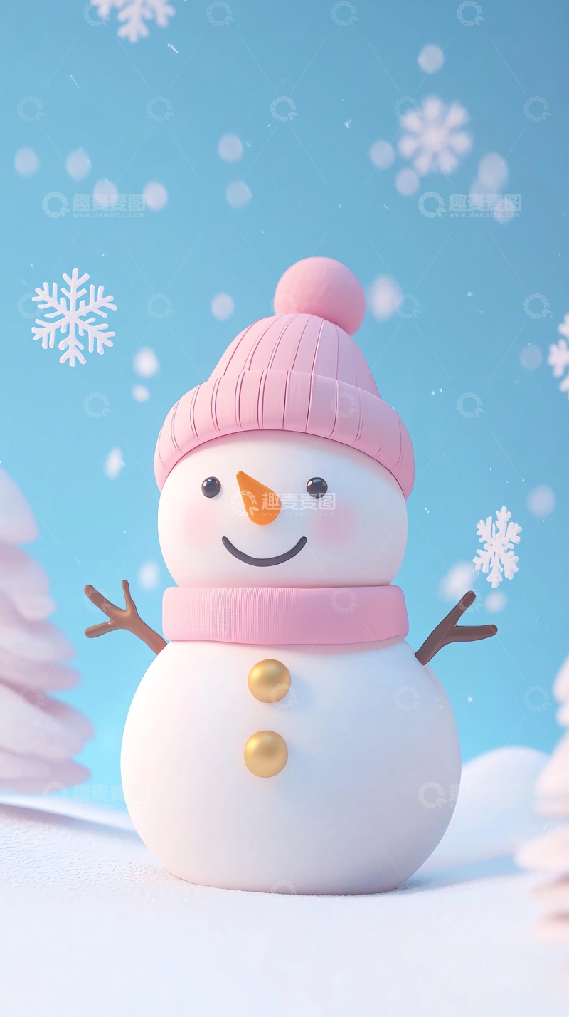 高清大图下载【趣麦麦图】可爱粉色系卡通雪人