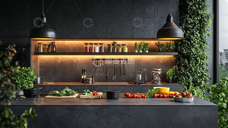 高清大图下载【趣麦麦图】暗色系植物厨房台面