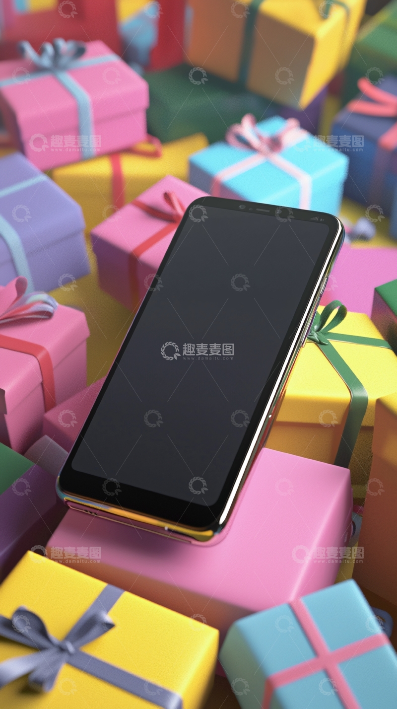 高清大图下载【趣麦麦图】手机与彩色礼物堆