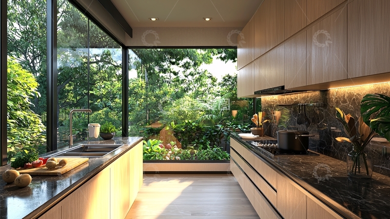 高清大图下载【趣麦麦图】简约厨房窗外绿植