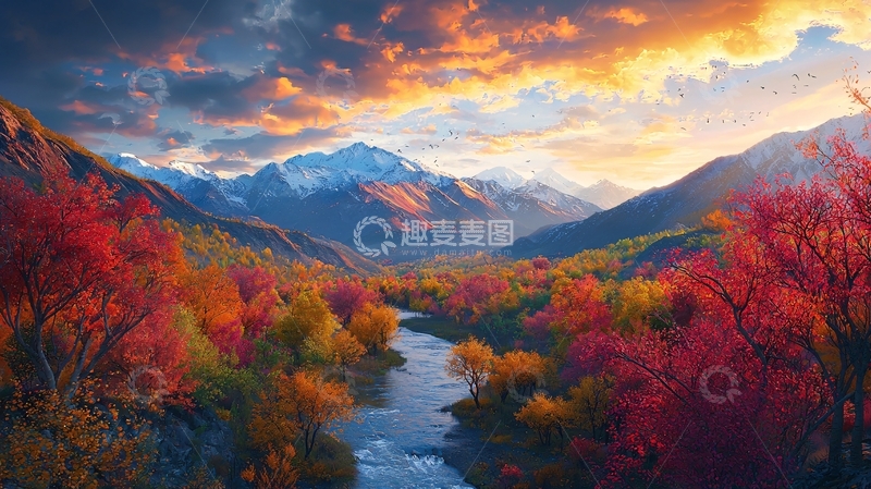 高清大图下载【趣麦麦图】秋日山谷河流风景