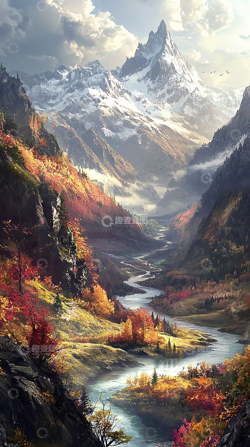 高清大图下载【趣麦麦图】秋日雪山峡谷河流