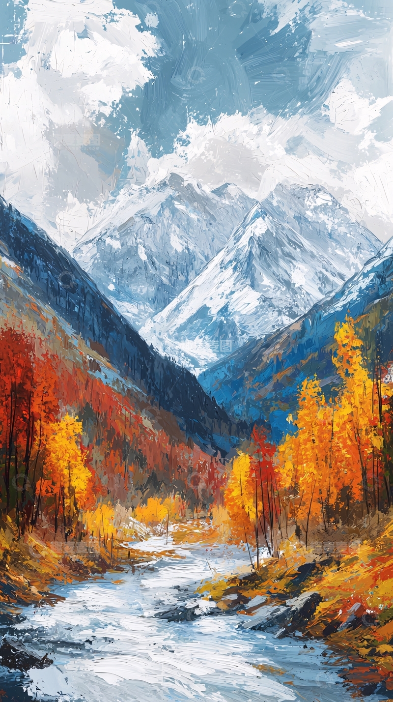 高清大图下载【趣麦麦图】秋日雪山河流风景画