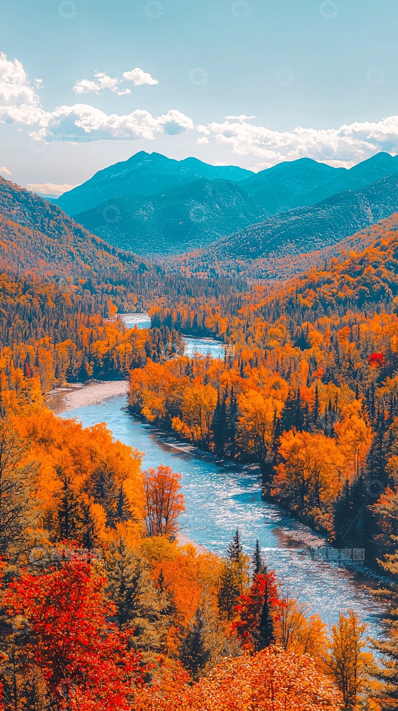 高清大图下载【趣麦麦图】秋日山谷河流景色