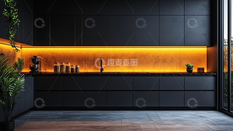 高清大图下载【趣麦麦图】黑色极简风厨房内饰