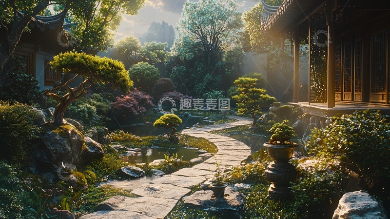 高清大图下载【趣麦麦图】阳光洒满庭院的日式花园