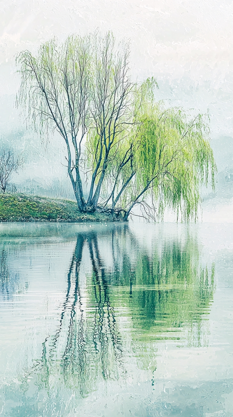 高清大图下载【趣麦麦图】雾气朦胧的柳树倒影