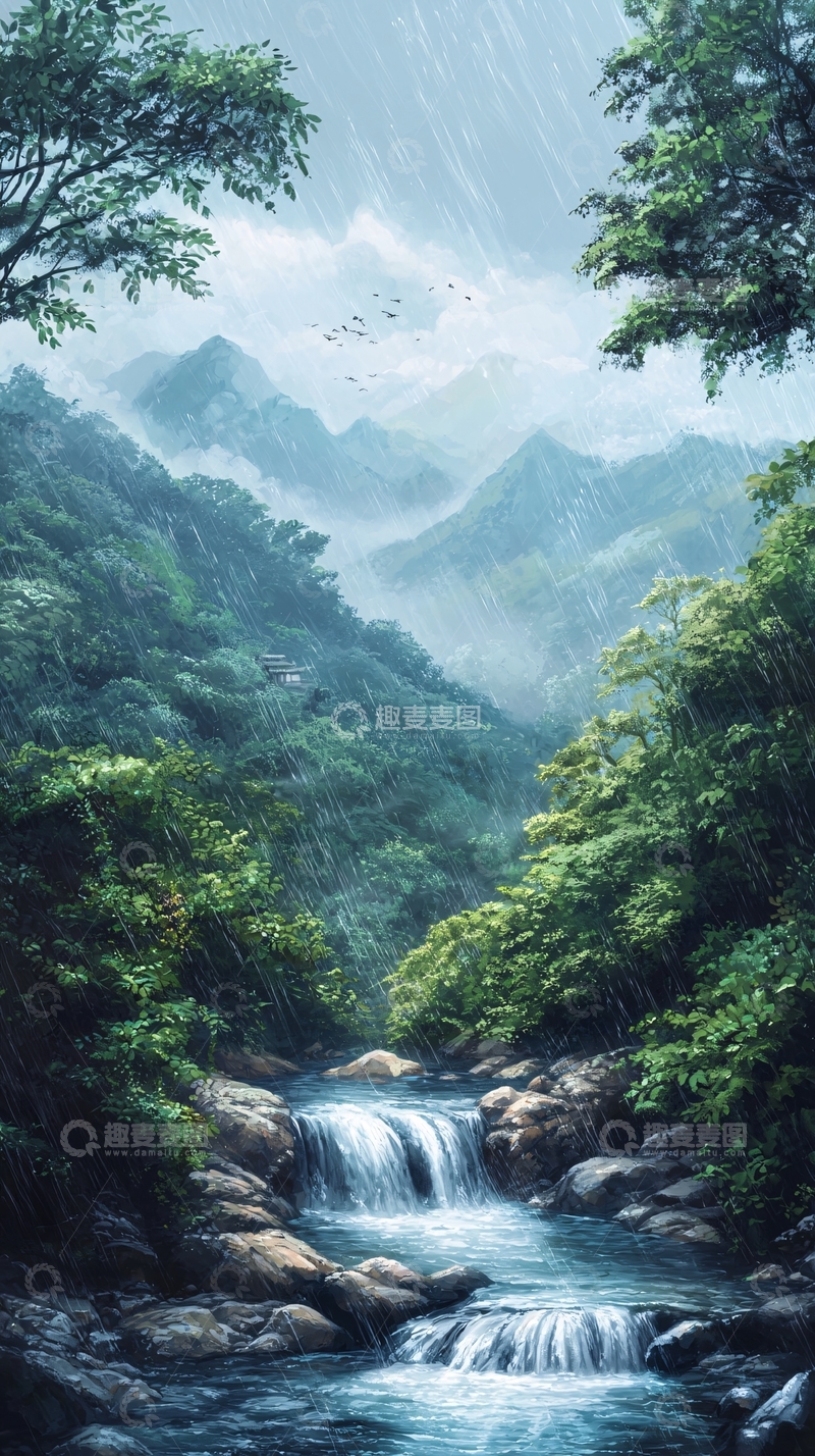 高清大图下载【趣麦麦图】山间溪流瀑布风景画