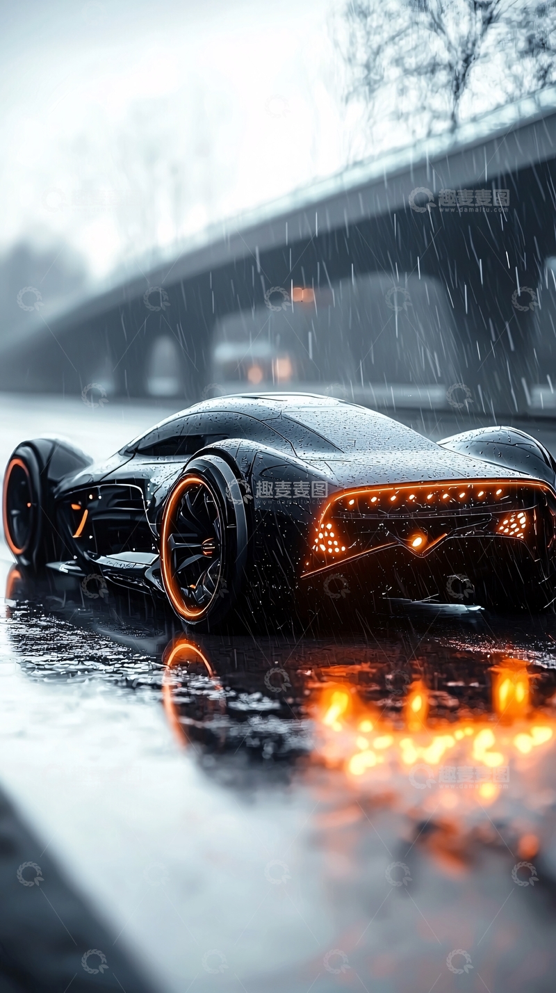 高清大图下载【趣麦麦图】雨中未来感的黑色跑车