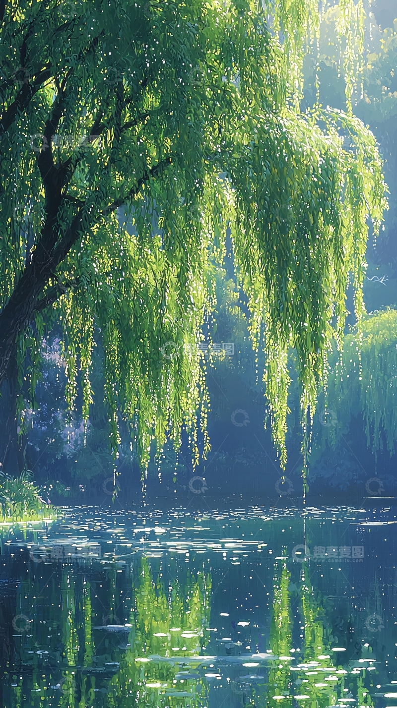 高清大图下载【趣麦麦图】垂柳倒影