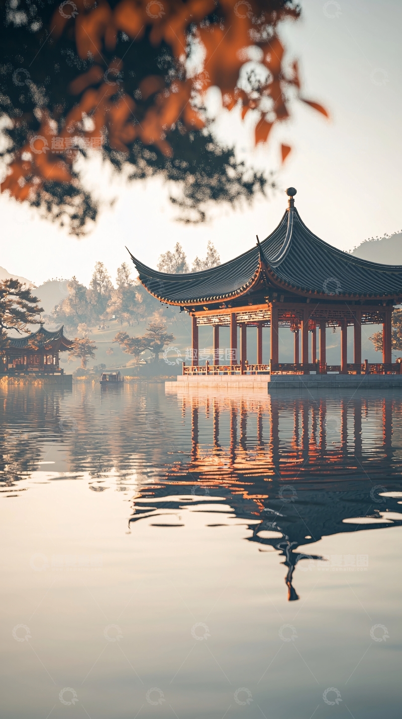高清大图下载【趣麦麦图】清晨湖边中式亭台