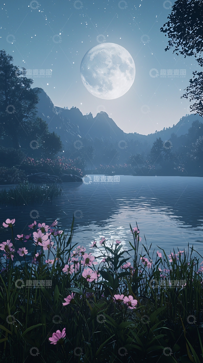 高清大图下载【趣麦麦图】月夜湖畔花海