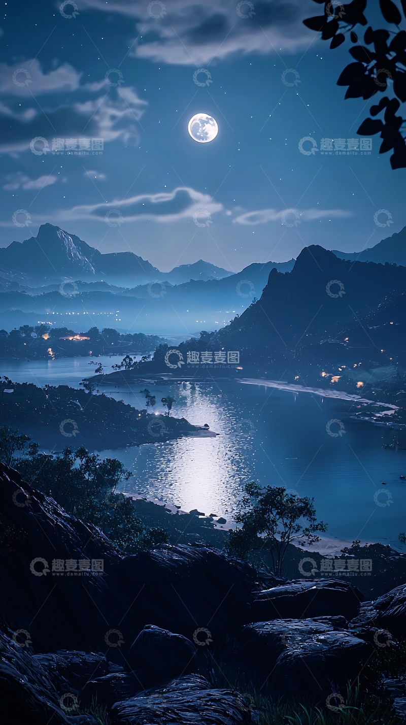 高清大图下载【趣麦麦图】月夜海湾山峦景色