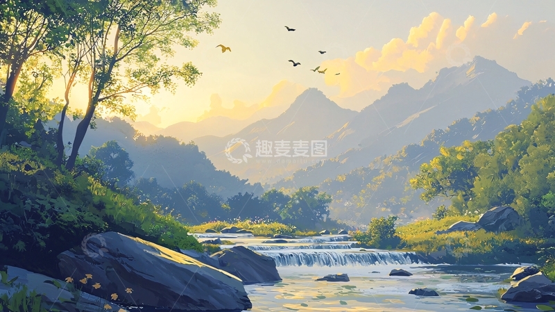 高清大图下载【趣麦麦图】清晨山谷溪流