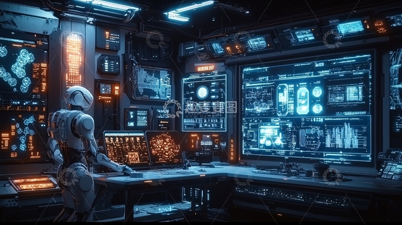 高清大图下载【趣麦麦图】科幻控制室机器人工作