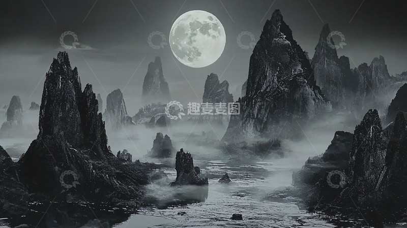 高清大图下载【趣麦麦图】黑夜山峰月色朦胧