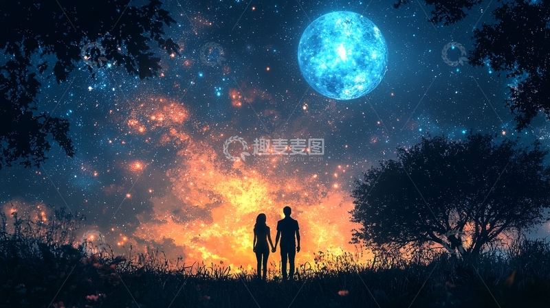 高清大图下载【趣麦麦图】情侣星空下相伴而立