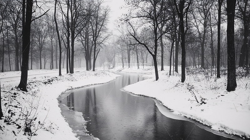 高清大图下载【趣麦麦图】冬季河流穿过雪地森林
