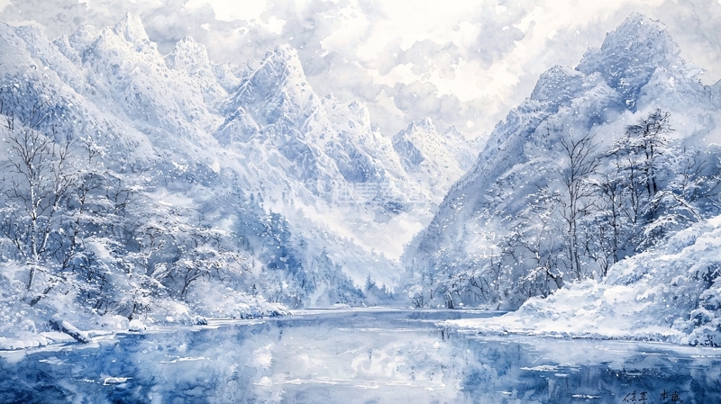 高清大图下载【趣麦麦图】冰雪覆盖的山谷湖泊