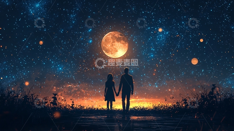 高清大图下载【趣麦麦图】星空下的情侣剪影