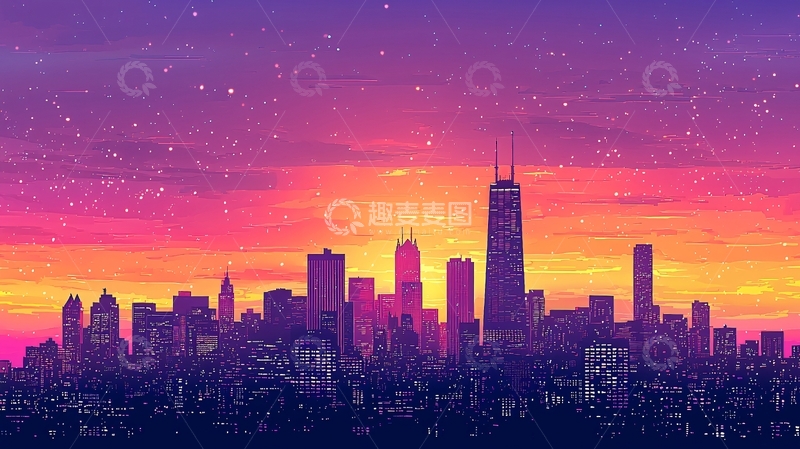高清大图下载【趣麦麦图】城市天际线紫粉色晚霞