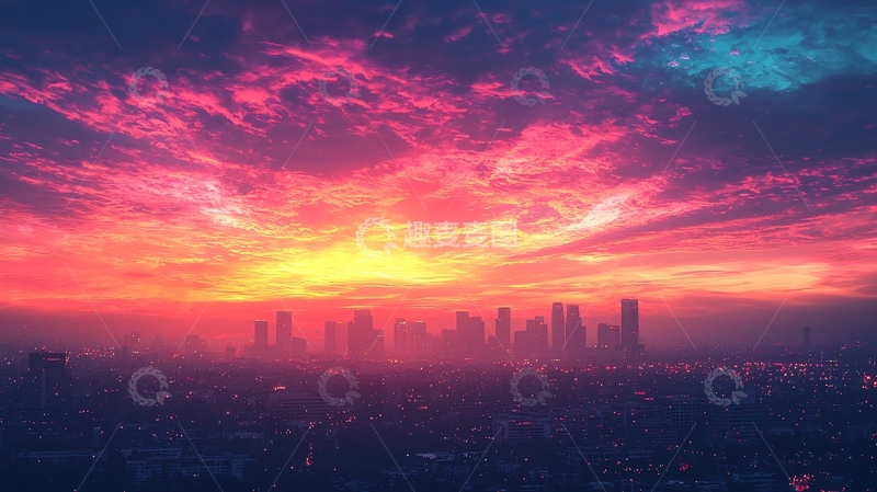 高清大图下载【趣麦麦图】城市天际线在绚丽的日落中