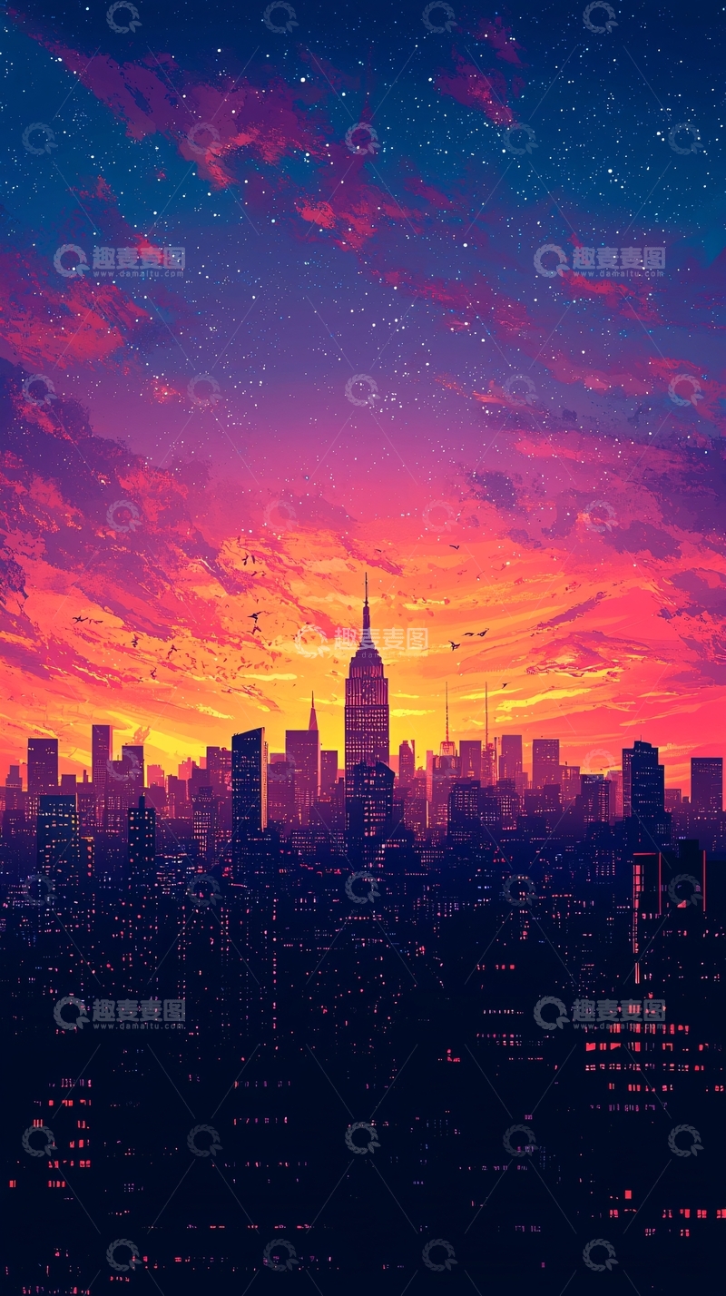 高清大图下载【趣麦麦图】城市天际线唯美日落