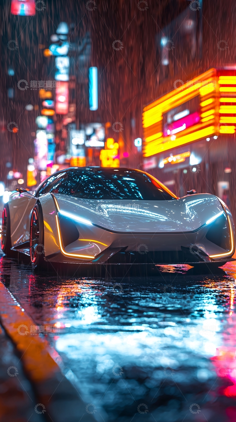高清大图下载【趣麦麦图】雨夜霓虹灯下的跑车